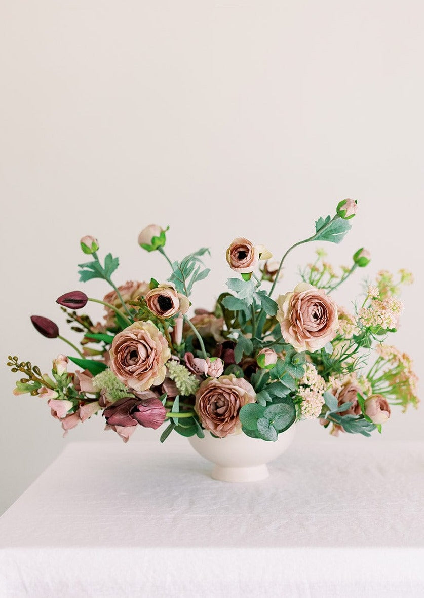 Faux Flower Centerpiece Arrangement with Tulips and Mauve Ranunculus
