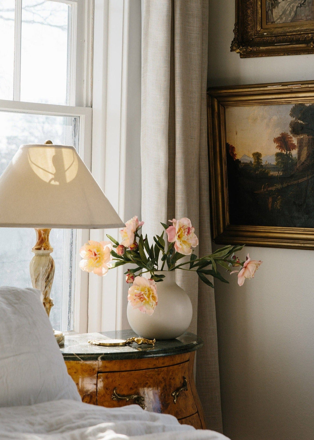 Bedroom Decor with Artificial Pink Peonies in Cream Vase
