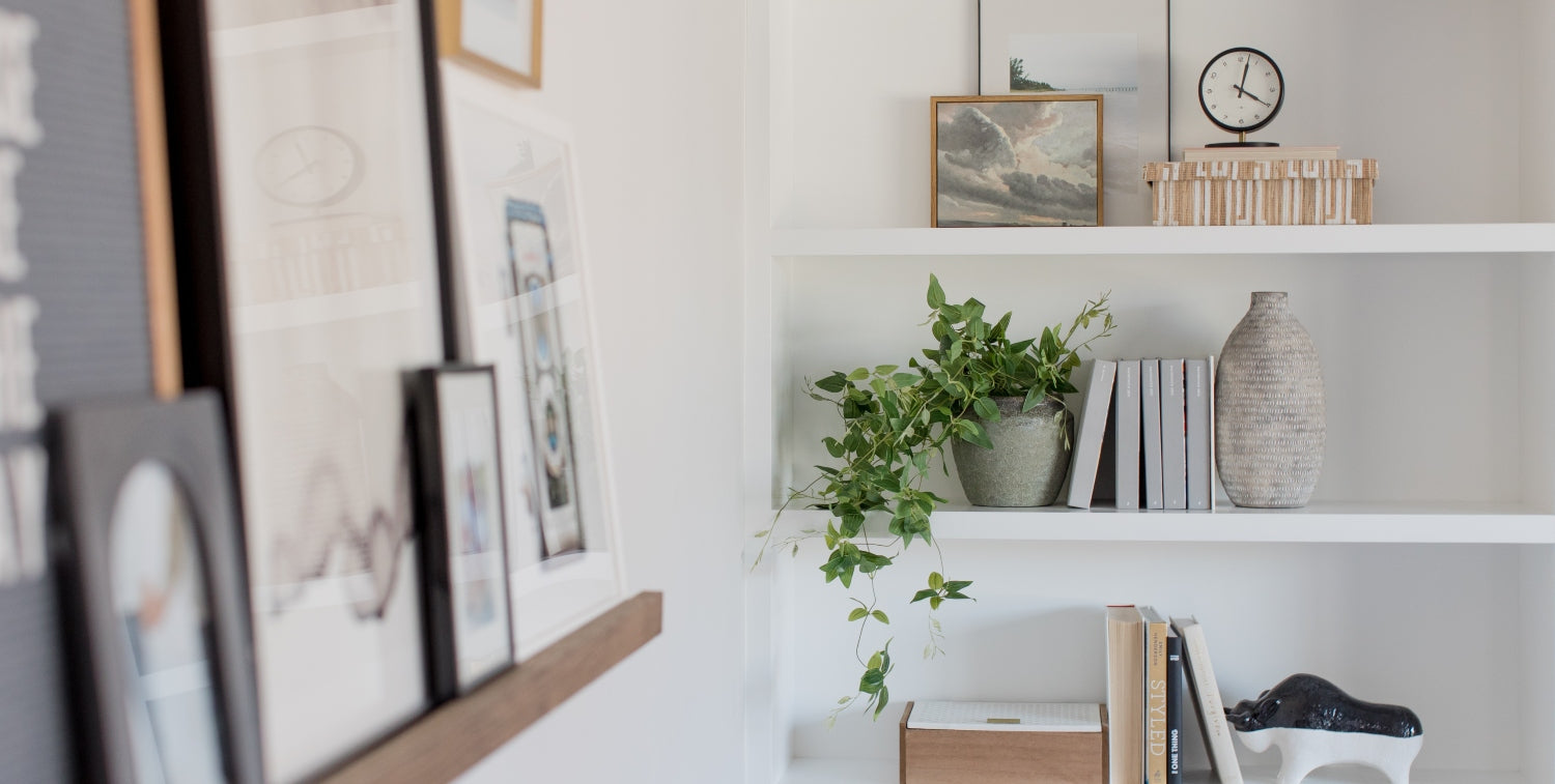 A fake vine plant on a bookshelf for home decor. | Afloral