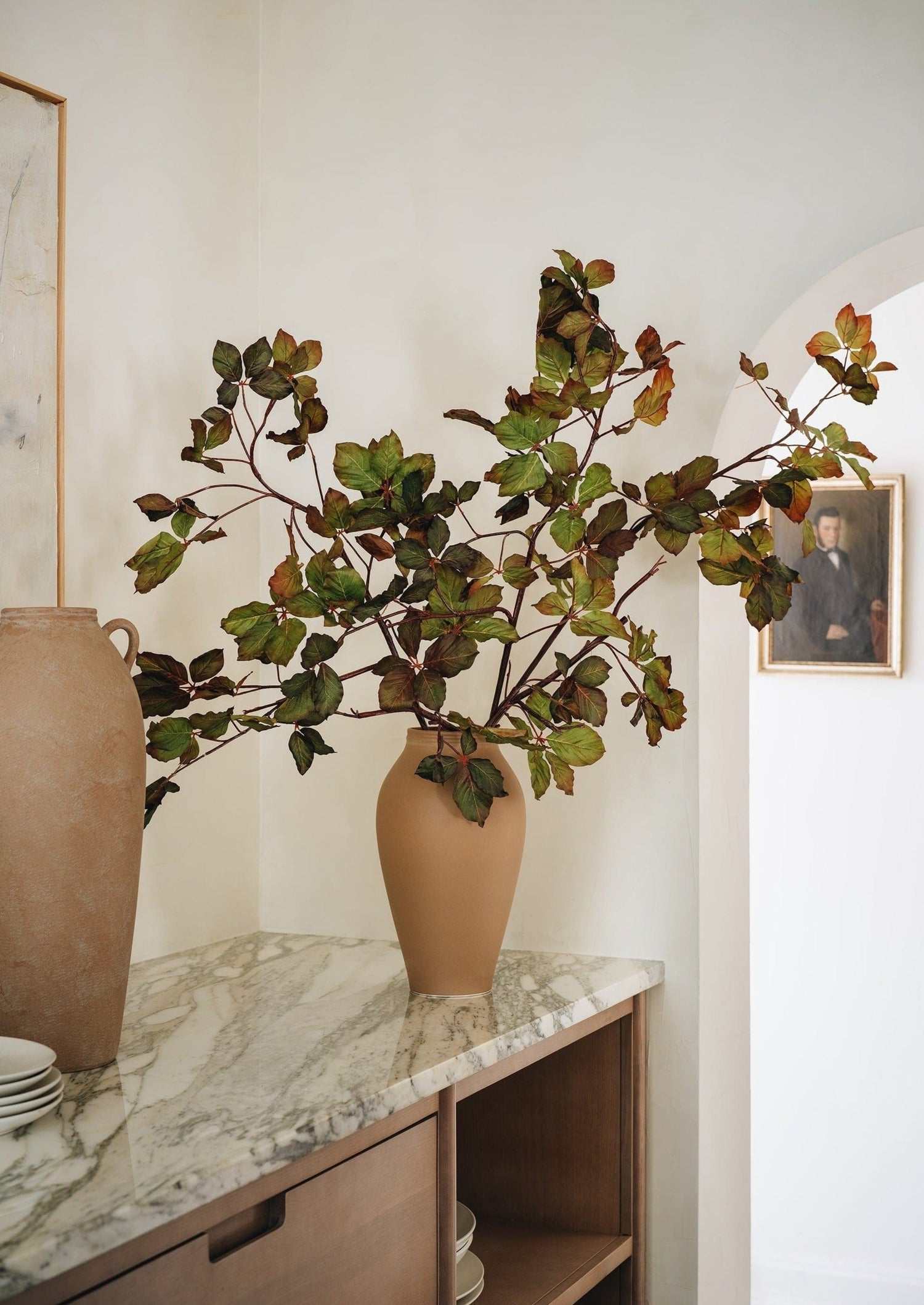 Terracotta Vase Styled with Faux Burgundy Chestnut Branches