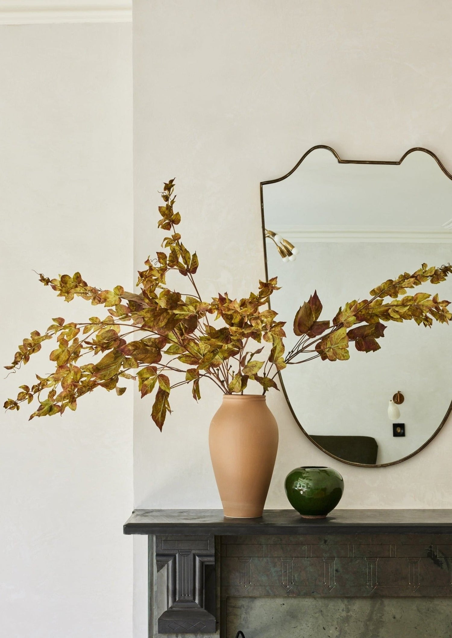 Fall Mantle Styling with Handmade Clay Bowl Vase in Green Glaze