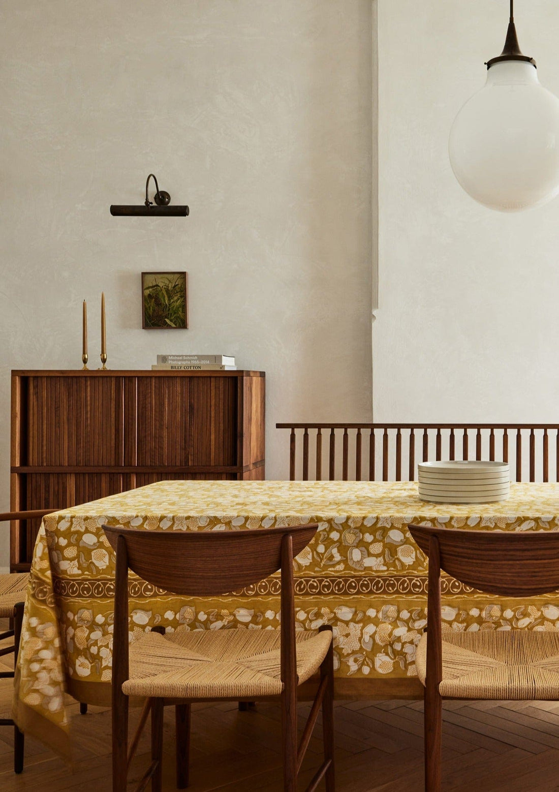 Afloral Spring-Inspired Dining Room with Yellow Grey Tablecloth