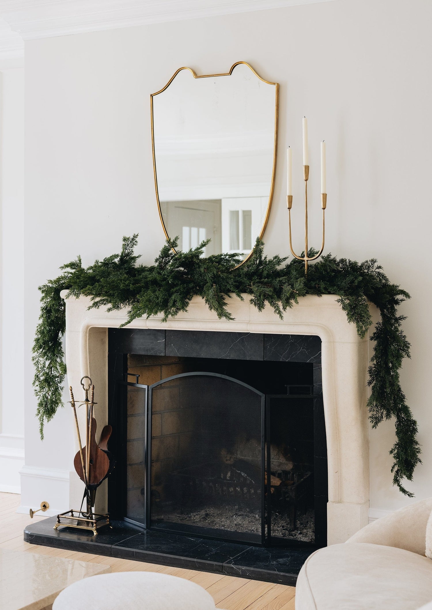 Afloral Faux Winter Cedar Garland Styled on Mantel