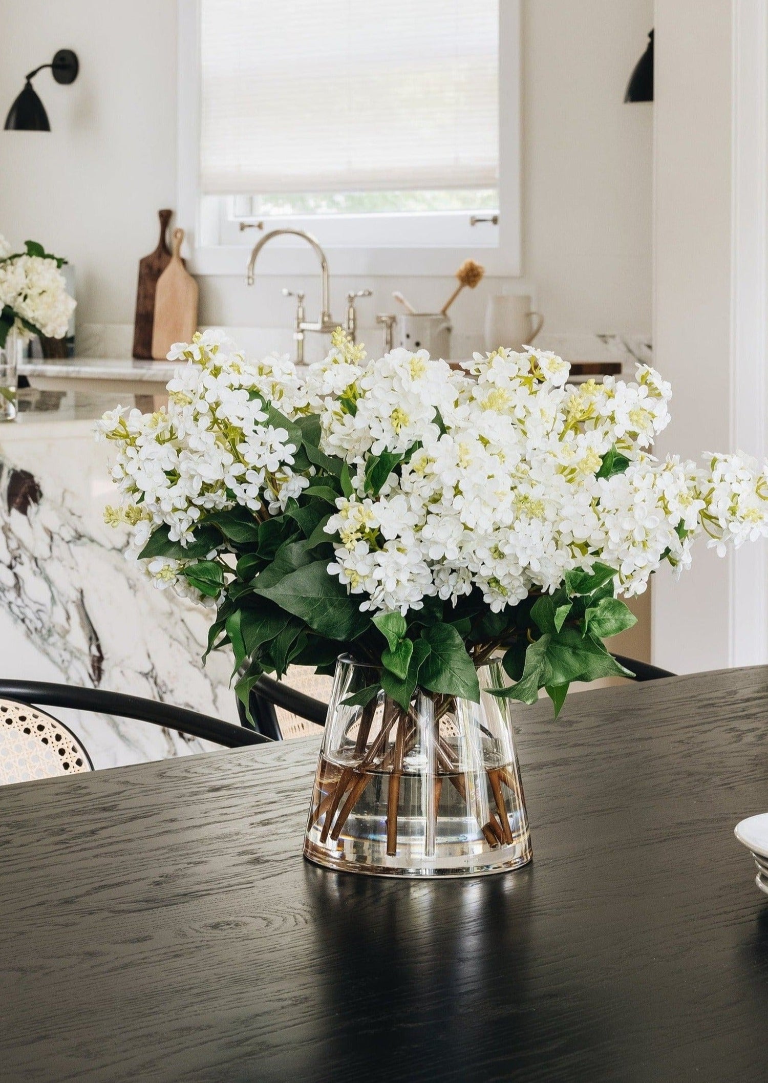 Faux White Lilac Flower Arrangement in Glass Vase at Afloral