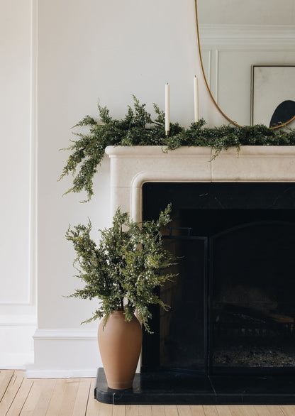Afloral Mantel Styled with Faux Winter Juniper Garland