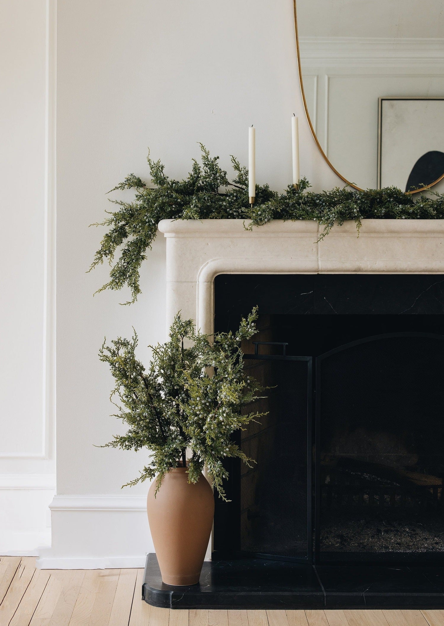 Mantel Styled with Faux Winter Juniper Garland from Afloral