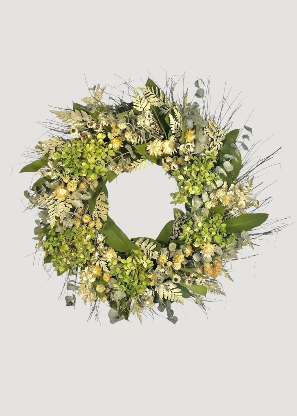 Cream Green Dried Hydrangea Flower and Eucalyptus Wreath 
