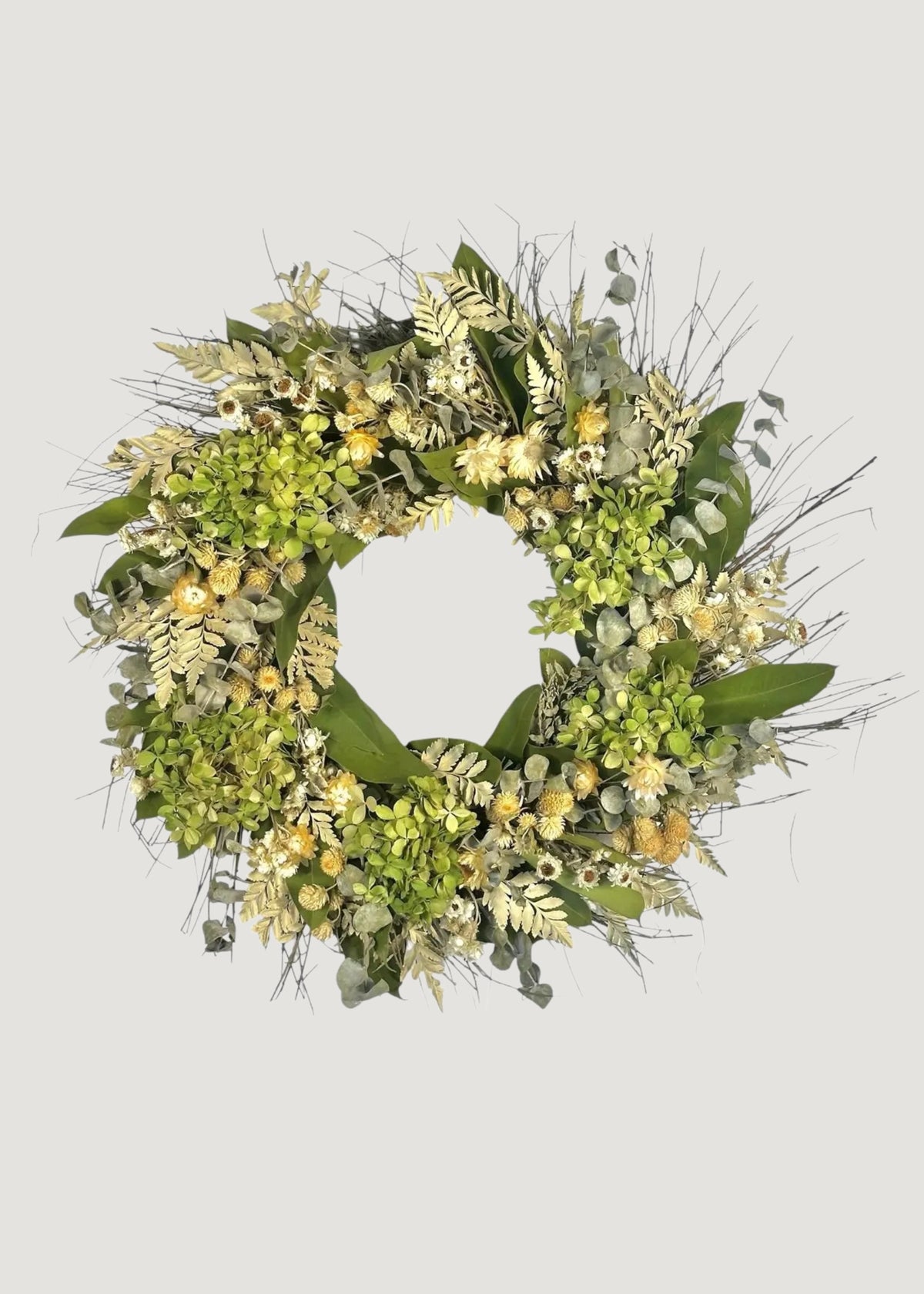 Cream Green Dried Hydrangea Flower and Eucalyptus Wreath 