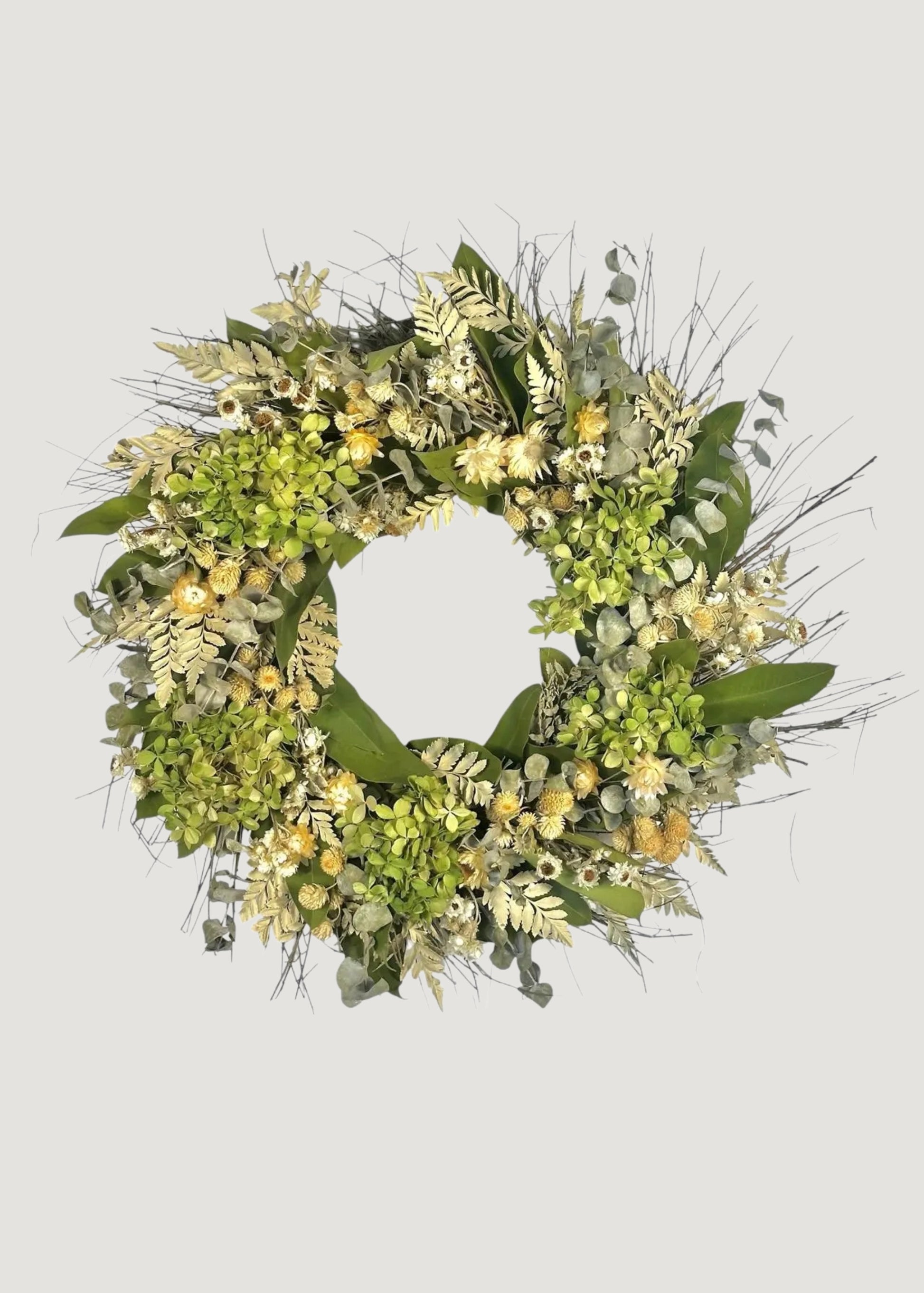 Cream Green Dried Hydrangea Flower and Eucalyptus Wreath 