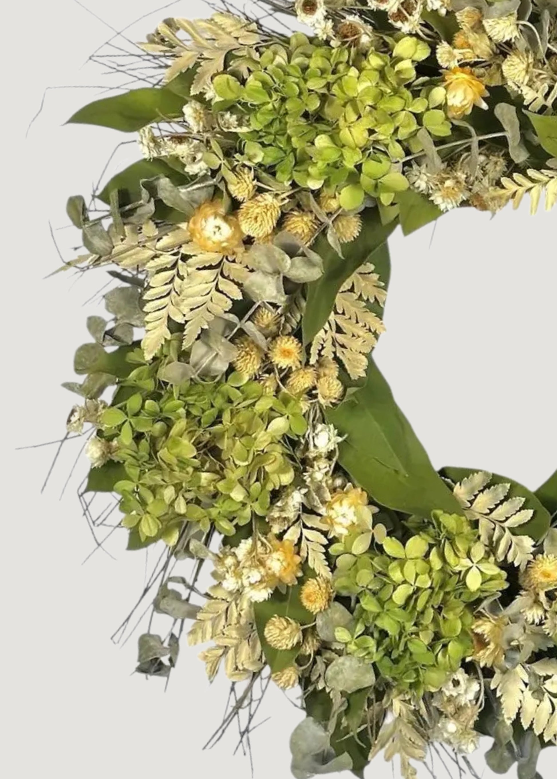 Close-up of dried hydrangea and eucalyptus wreath