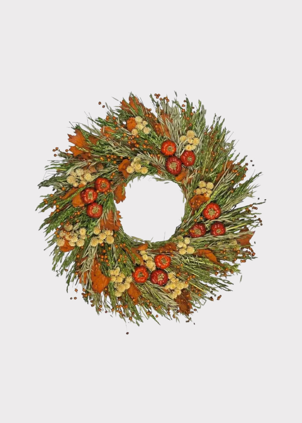 Colorful Dried Fall Foliage and Flower Wreath with Pumpkins