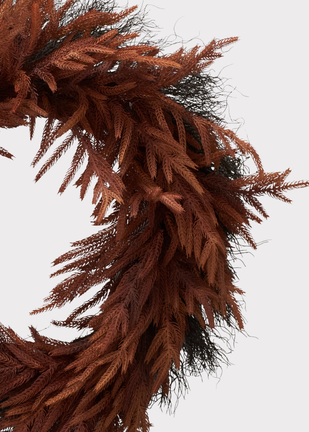 Close-up of an Autumn Rust Brown Real Touch Fake Norfolk Pine Wreath