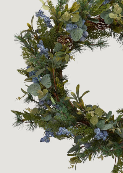 Close-up of Pine Wreath with Blue Berries