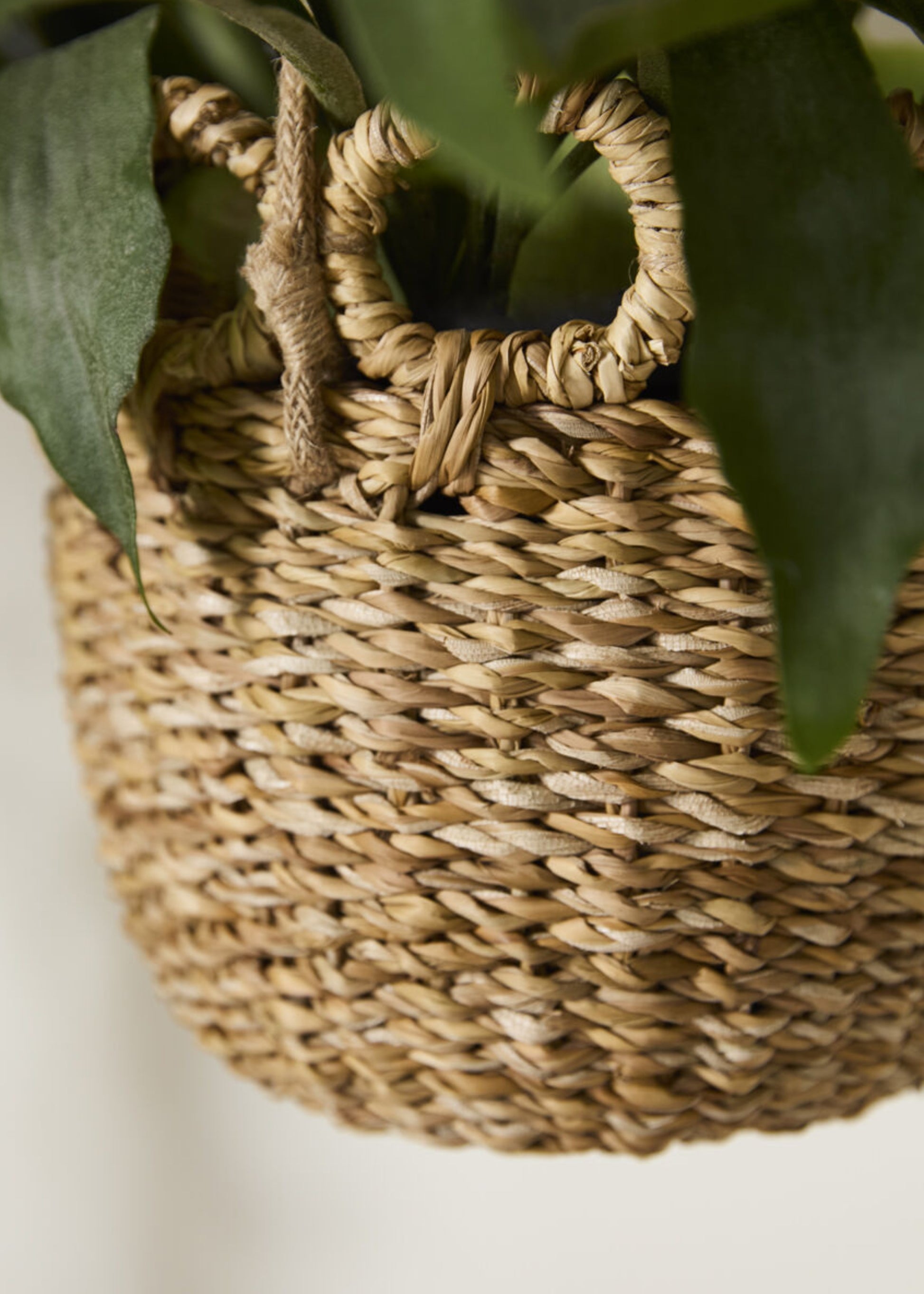 Close-up of Handmade Woven Seagrass Hanging Basket 
