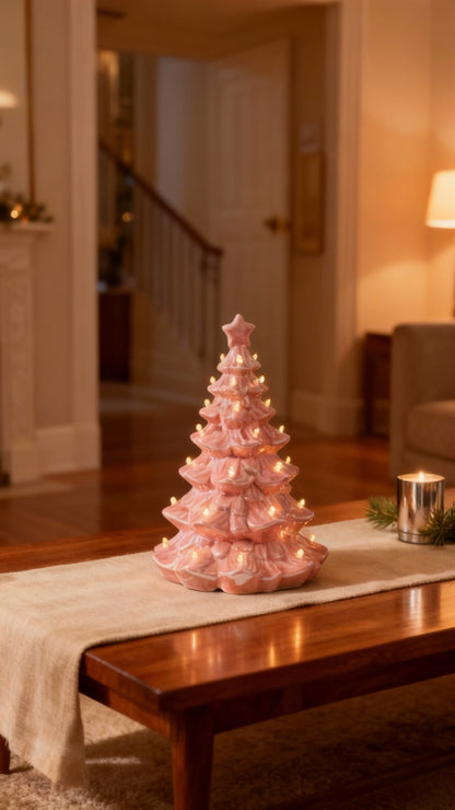Pink Ceramic Tabletop Christmas Tree with Lights on coffee table