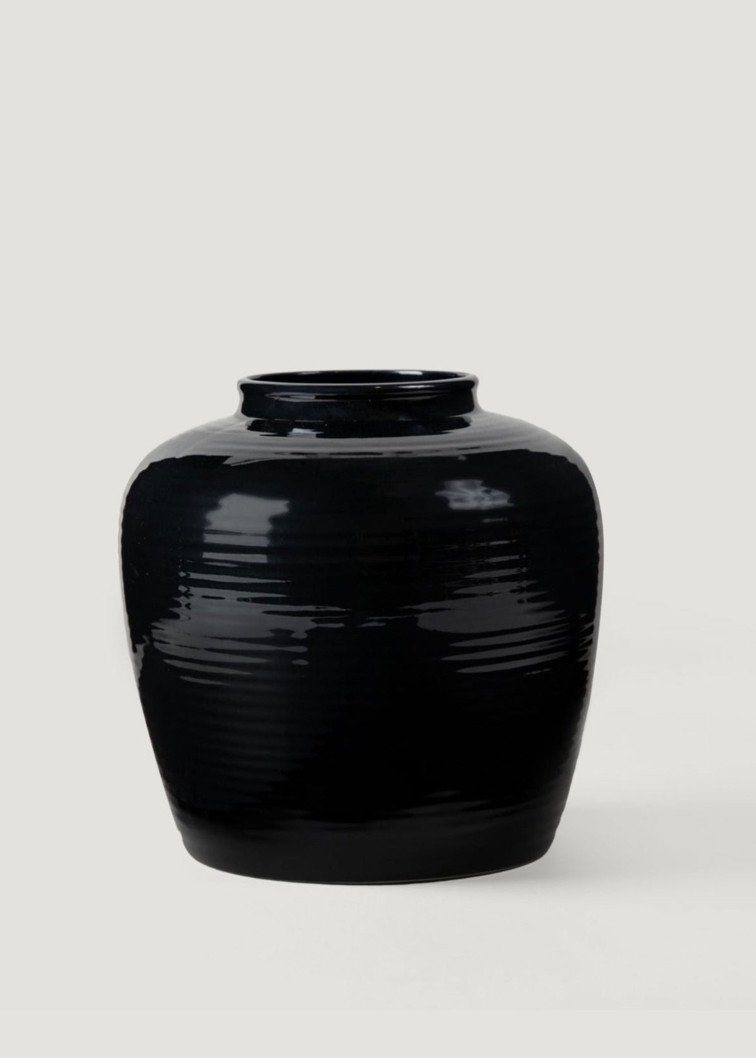 Glazed Afloral Ribbed Stoneware Table Vase in Noir