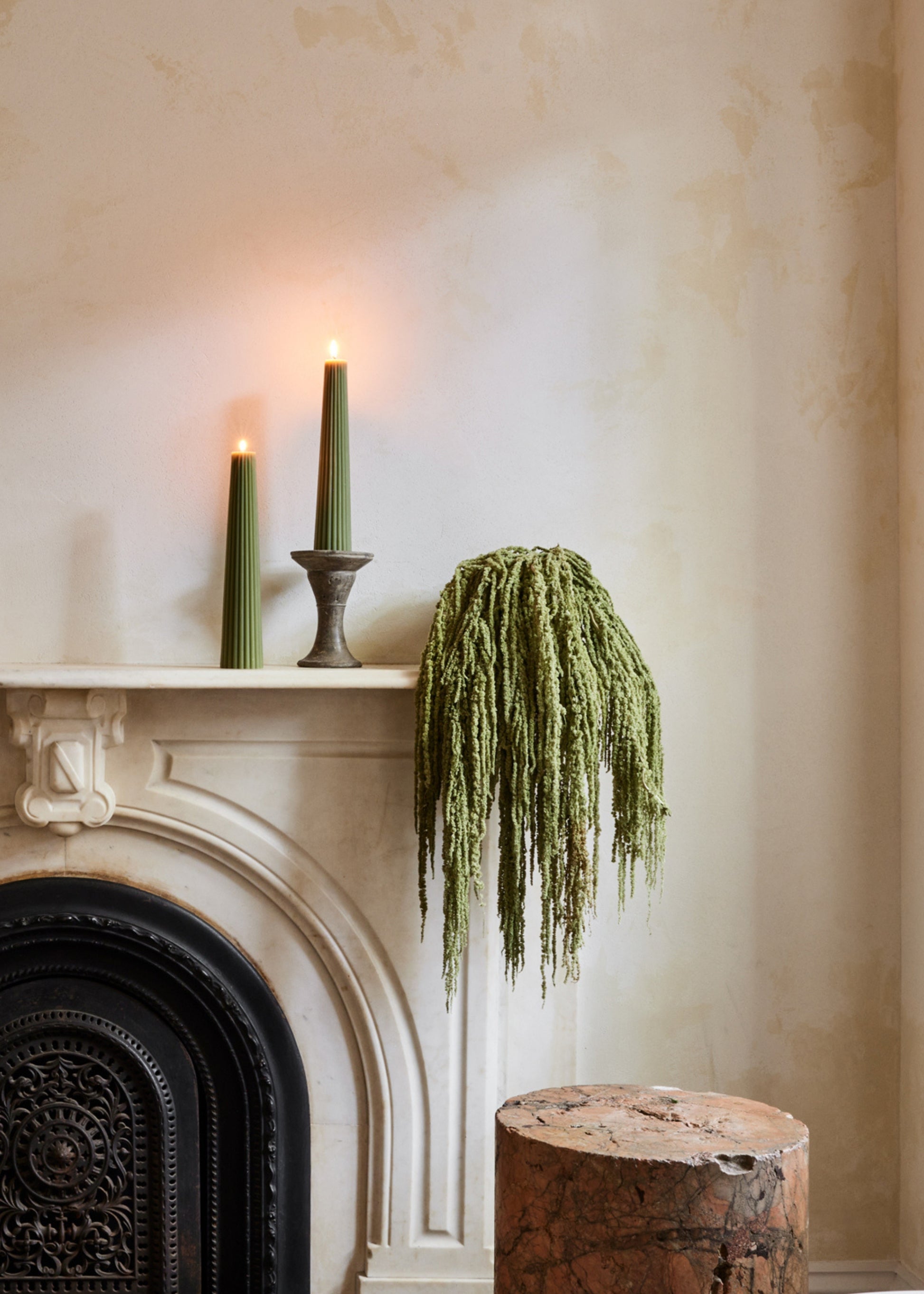 Dried Amaranth styled in a pot on a mantel