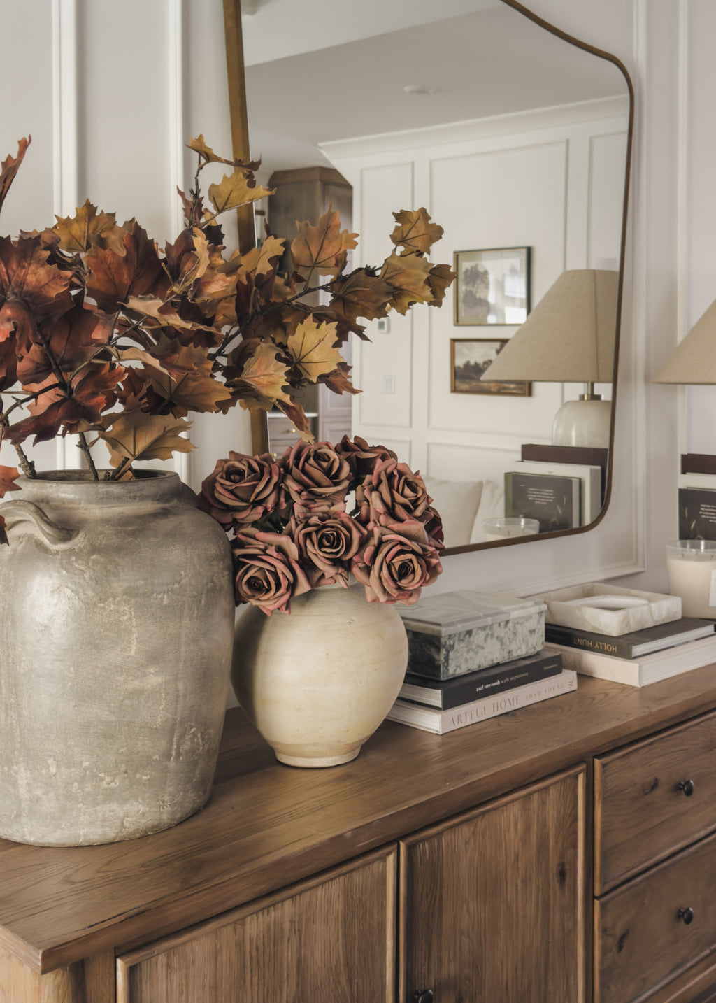 Real Touch Fall Roses and Maple Leaves Styled in Vases
