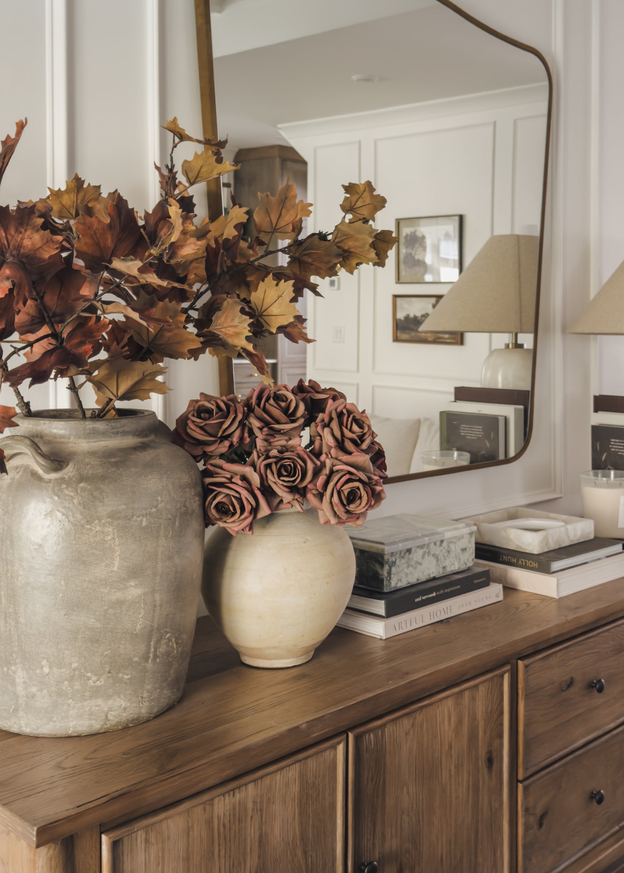 Real Touch Fall Roses and Maple Leaves Styled in Vases