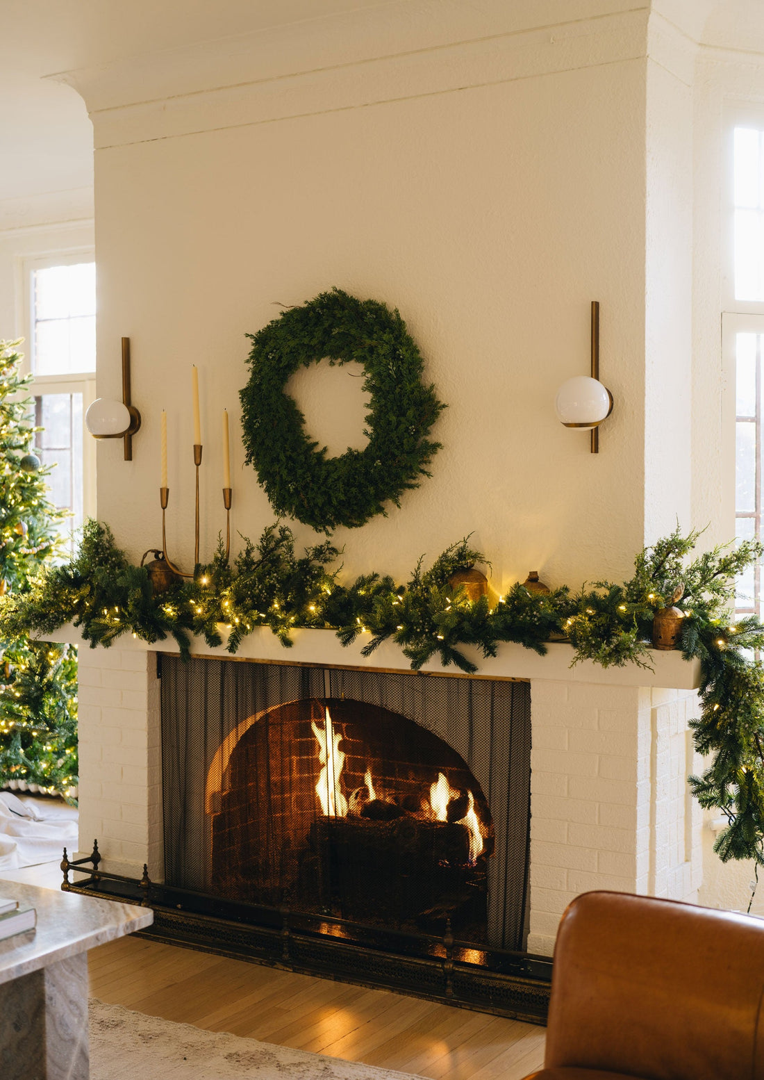 Spruced Garland Mixed with Juniper on a Mantel