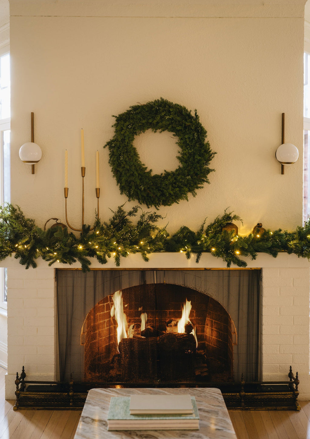 Holiday Mantel Styling with Candelabra and Afloral Faux Winter Greenery Garlands