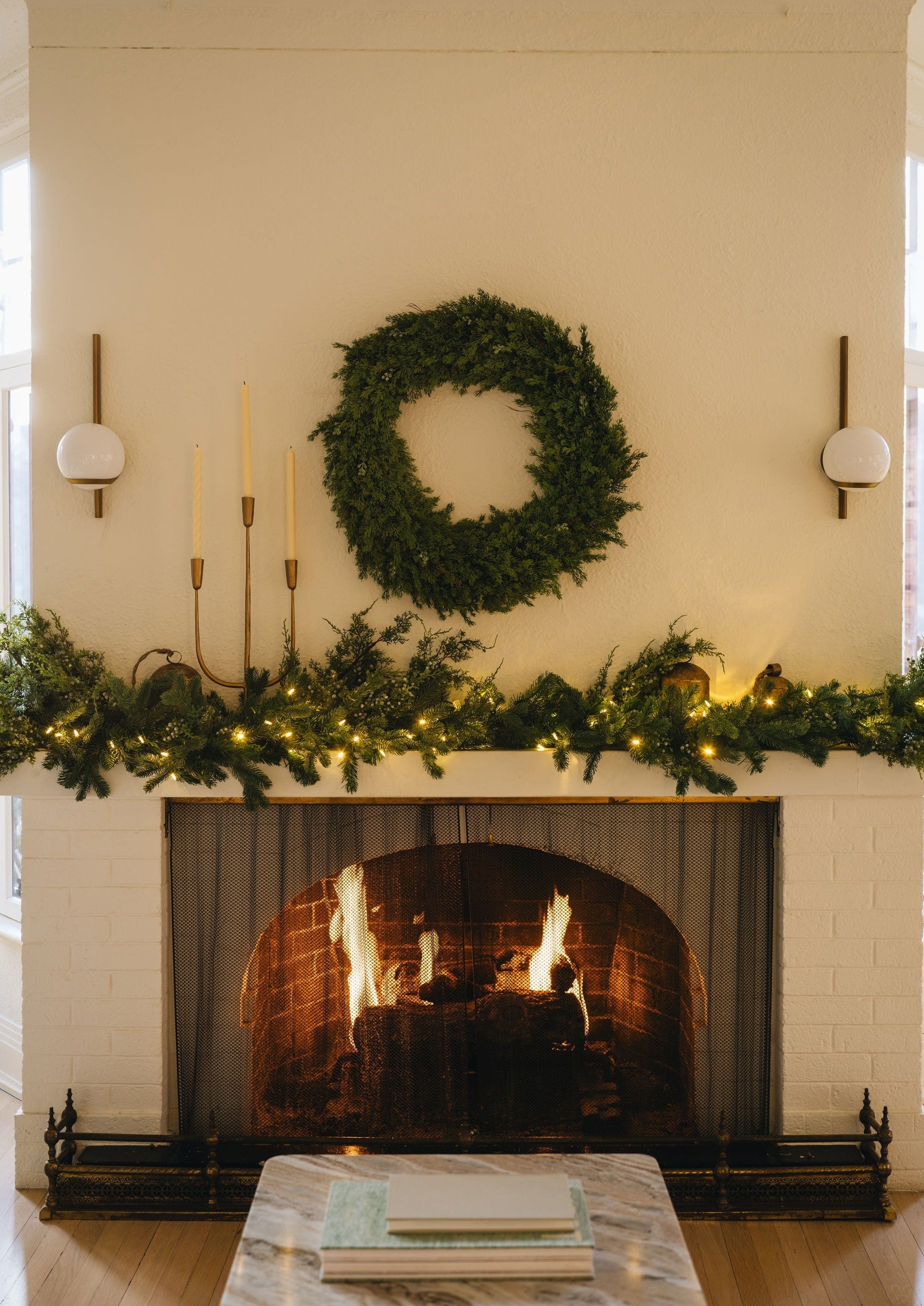 Holiday Mantel Styling with Candelabra and Afloral Faux Winter Greenery Garlands