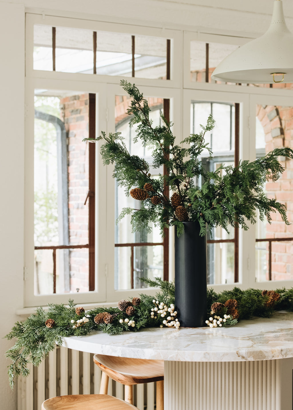 Afloral Faux Cedar Branch and Pine Cones Styled in Vase