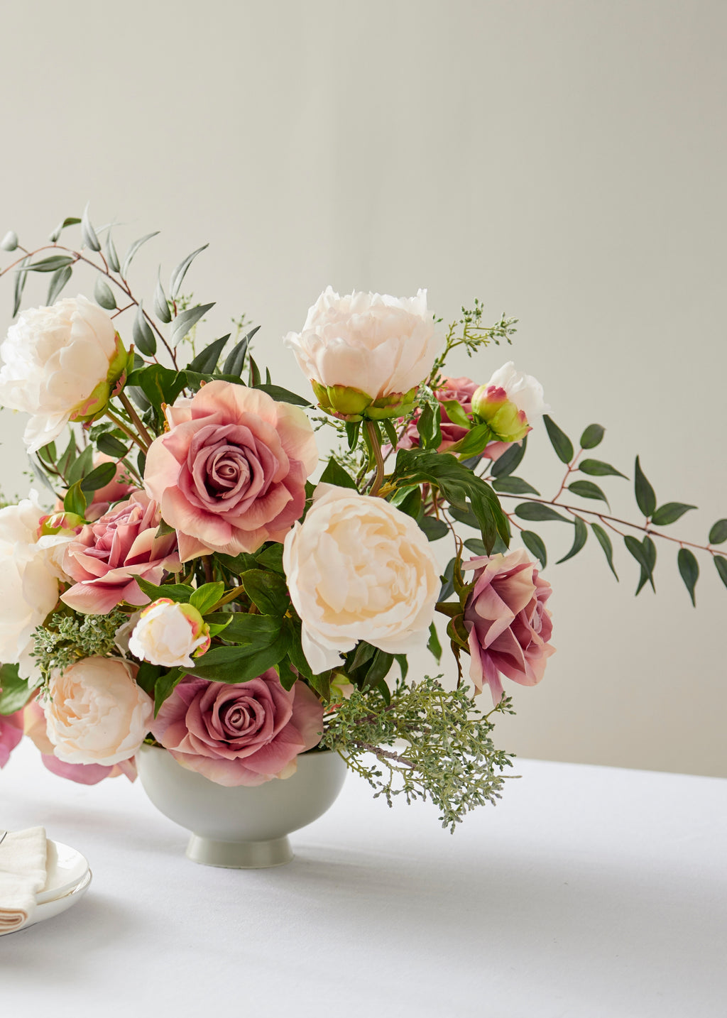 Wedding Centerpiece with Seeded Eucalyptus and Ruscus Greenery Stems