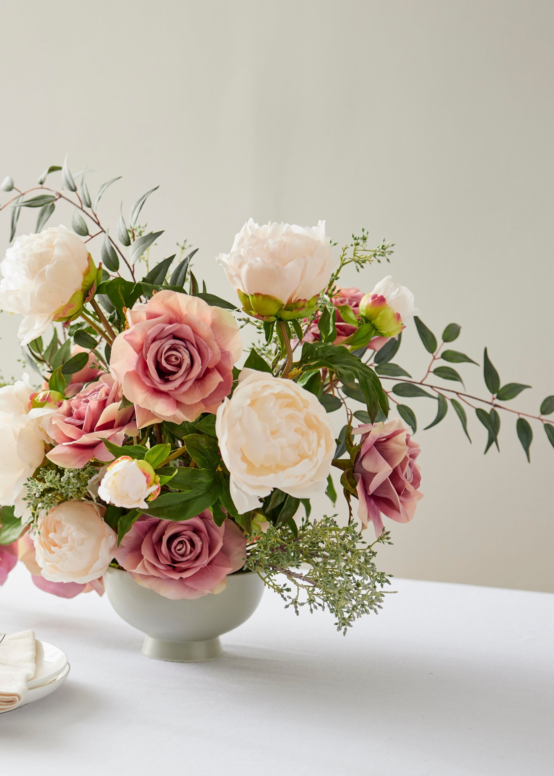 Wedding Centerpiece with Seeded Eucalyptus and Ruscus Greenery Stems