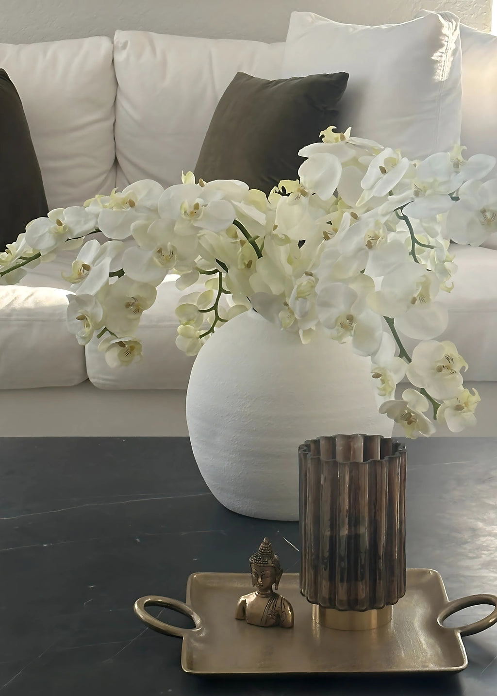 Faux Cream orchid in white vase
