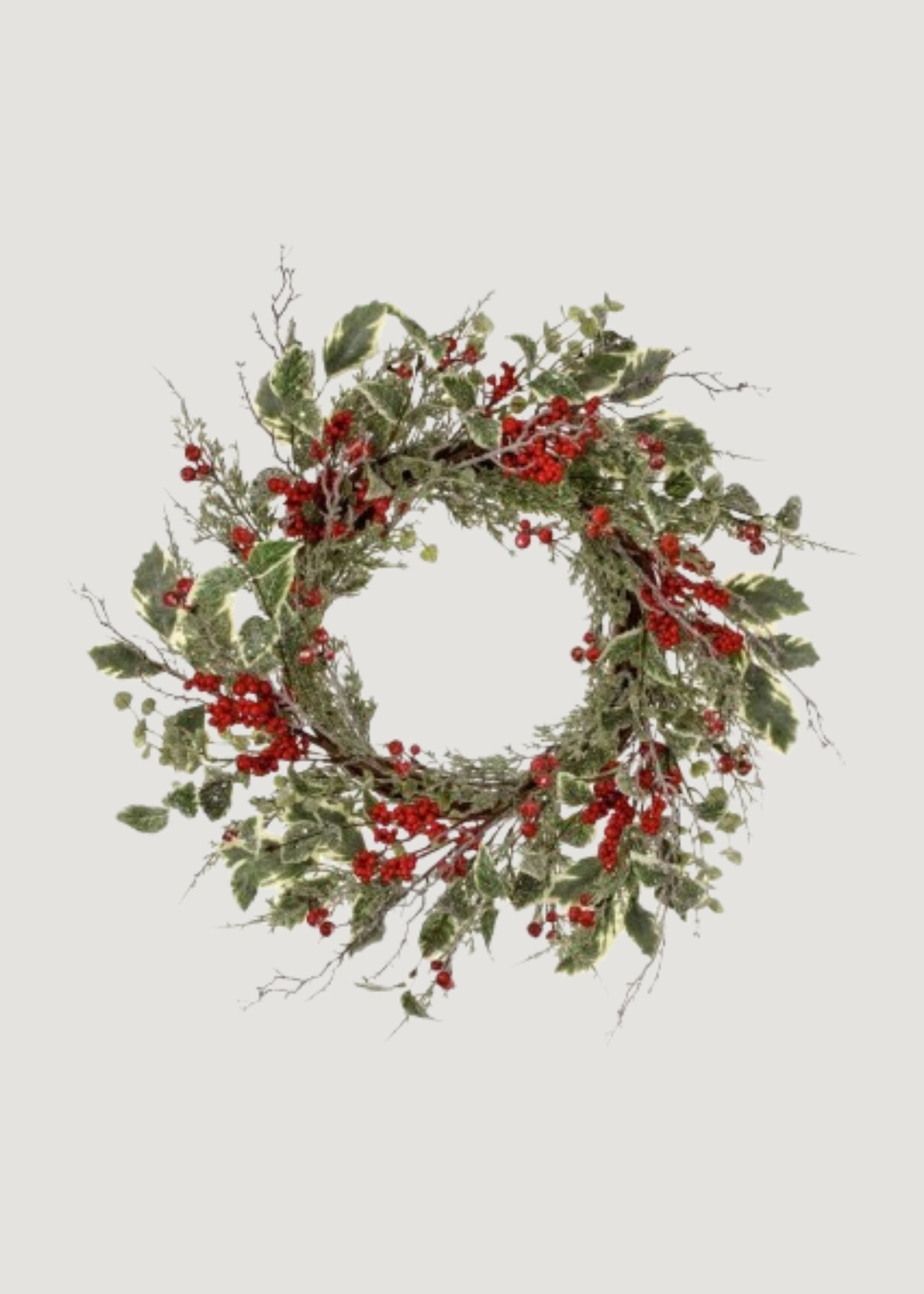 Artificial Frosted Holly and Red Berry Holiday Wreath 