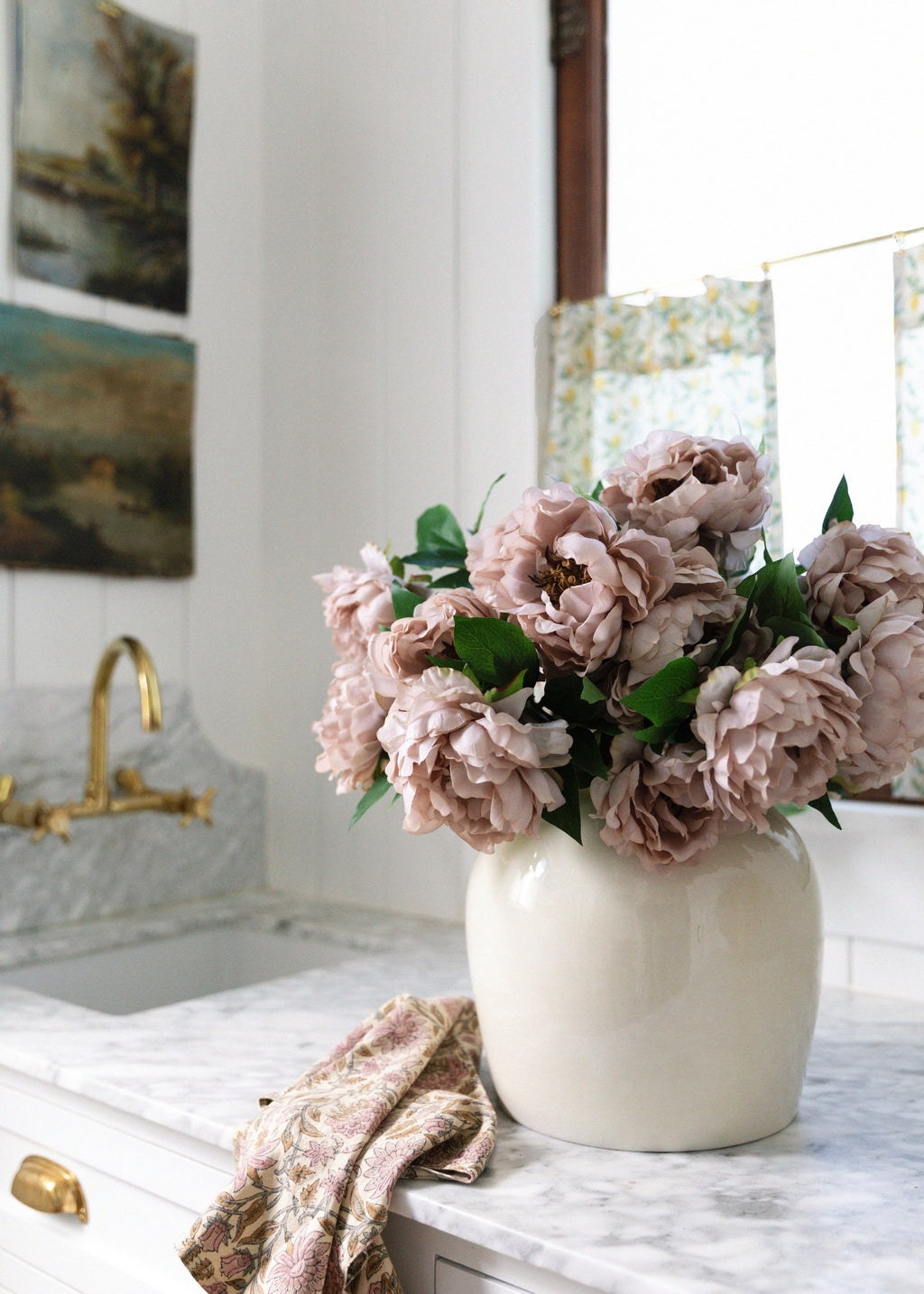 Taupe Artificial Peony Flowers in Cream Vase