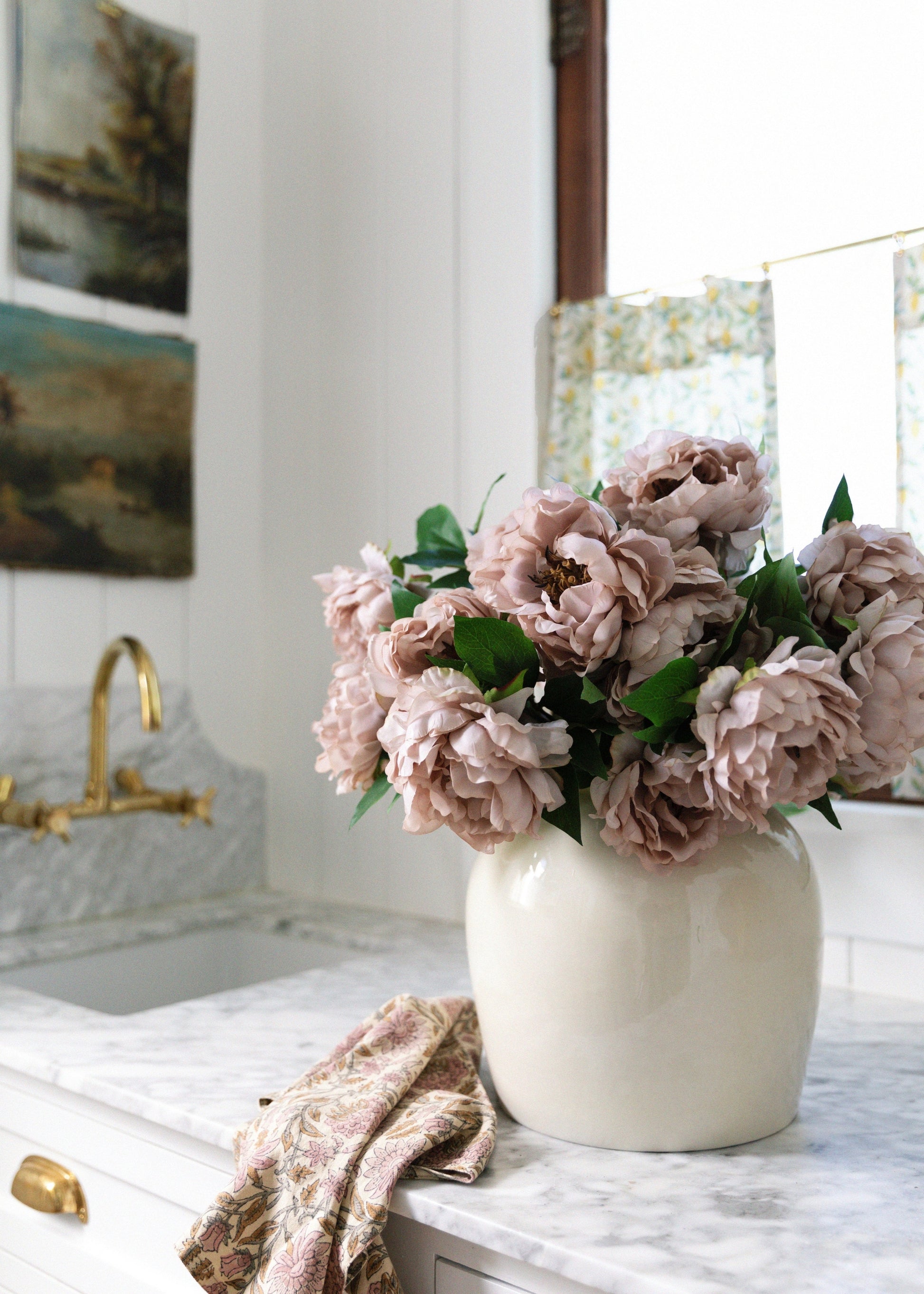 Taupe Artificial Peony Flowers in Cream Vase