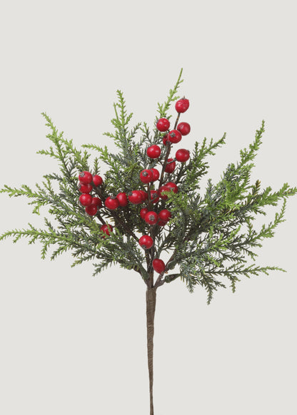 Faux Winter Cedar Pick with Red Berries 