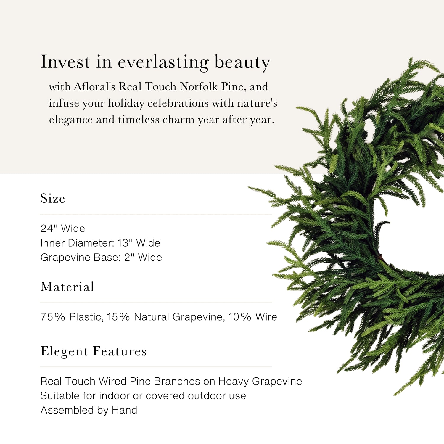 Afloral Real Touch Norfolk Pine Wreath - 24&quot;