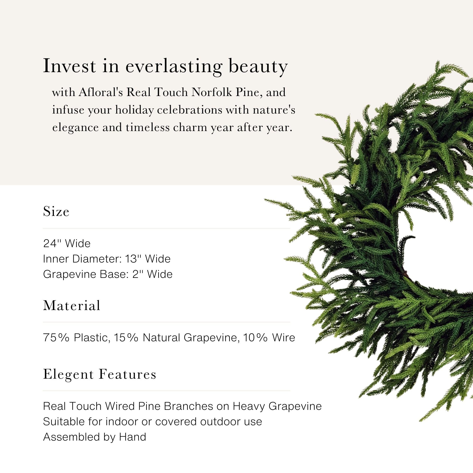 Afloral Real Touch Norfolk Pine Wreath - 24&quot;