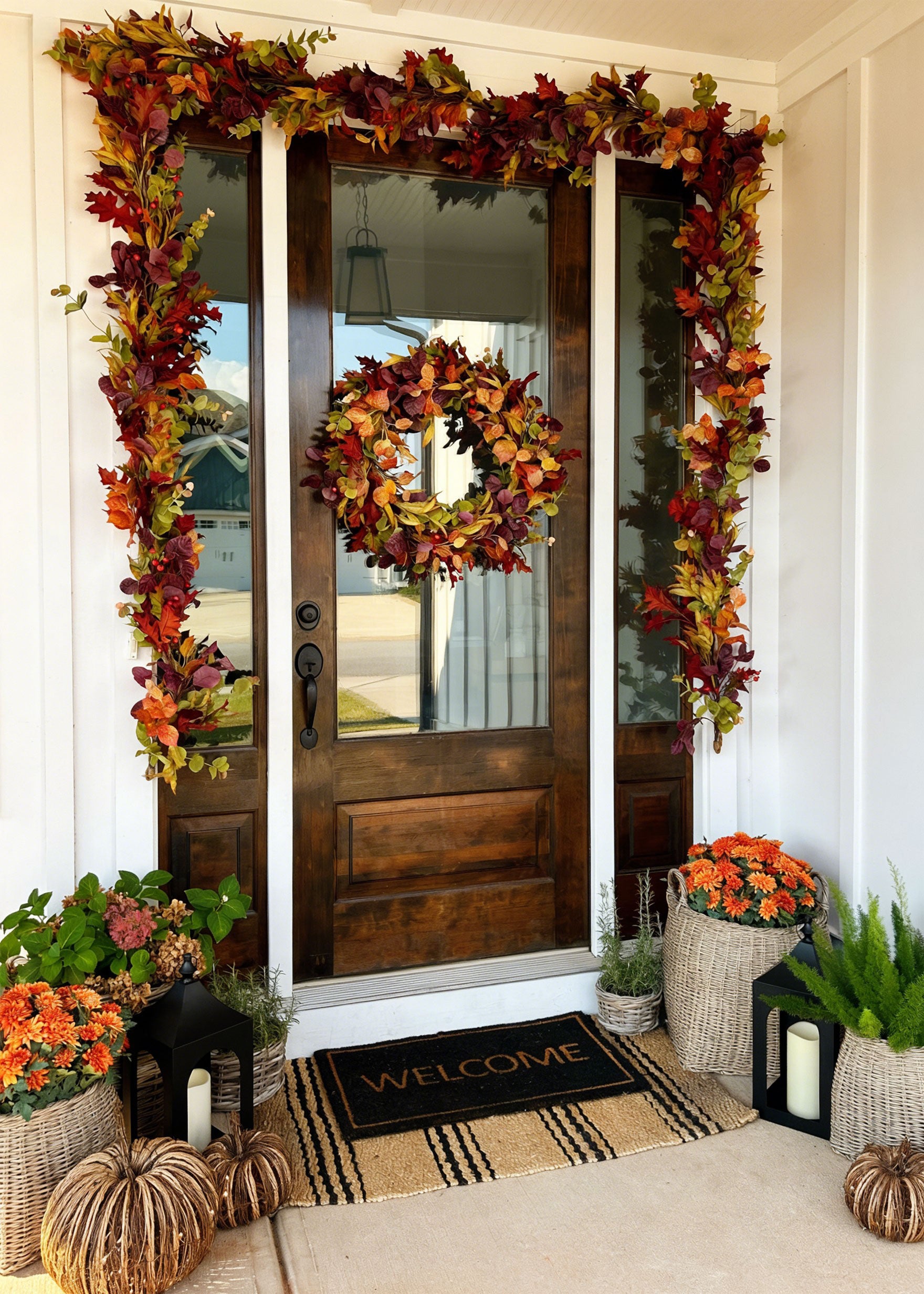 Decorative autumn wreath on a front door with leaf garland, mums, and pumpkins.