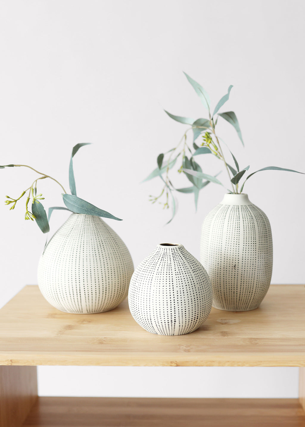 3 Dotted Stoneware Bud Vases with Eucalyptus
