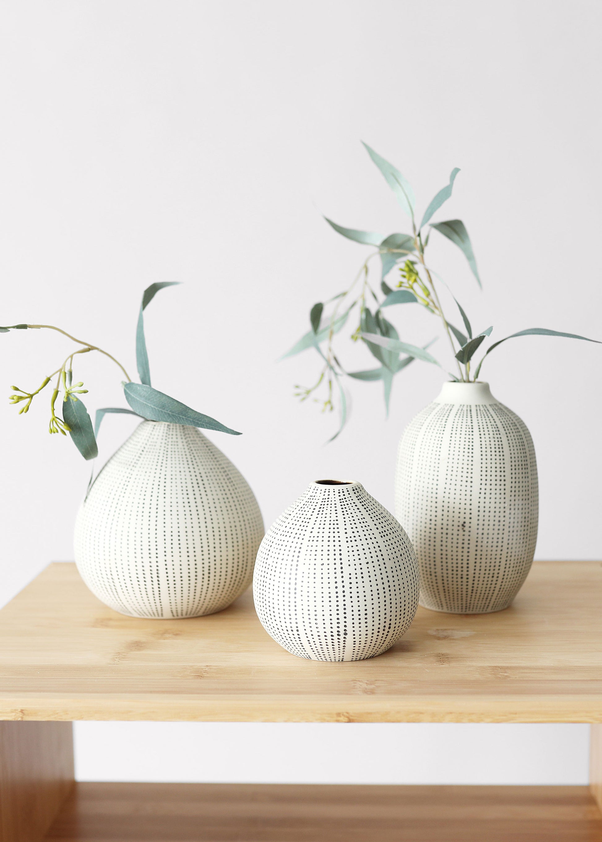 3 Dotted Stoneware Bud Vases with Eucalyptus