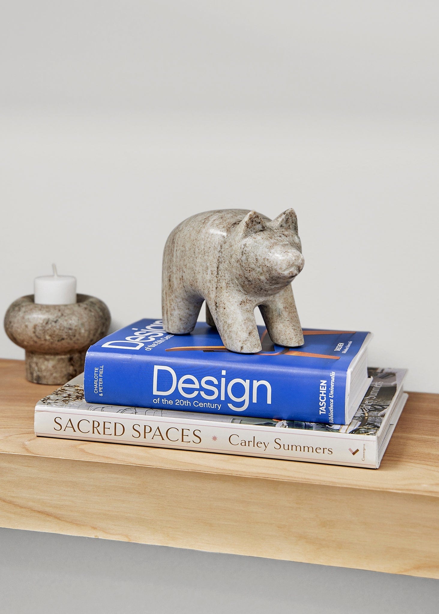 Marble Tealight Candle Holder Styled with Marble Bear Paperweight on Bookshelf