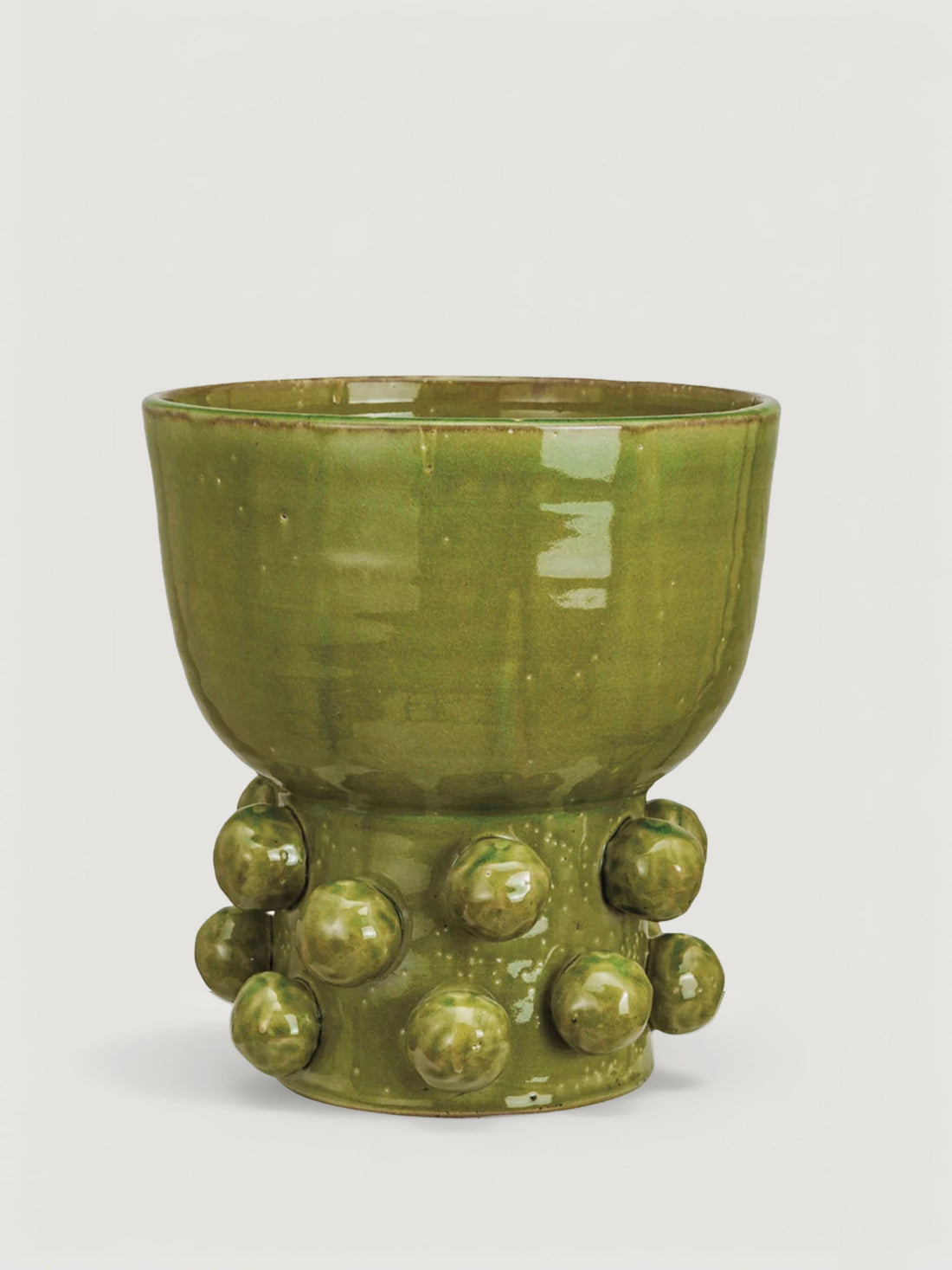 Handmade Terra Cotta Hobnail Footed Vase in Glazed Green