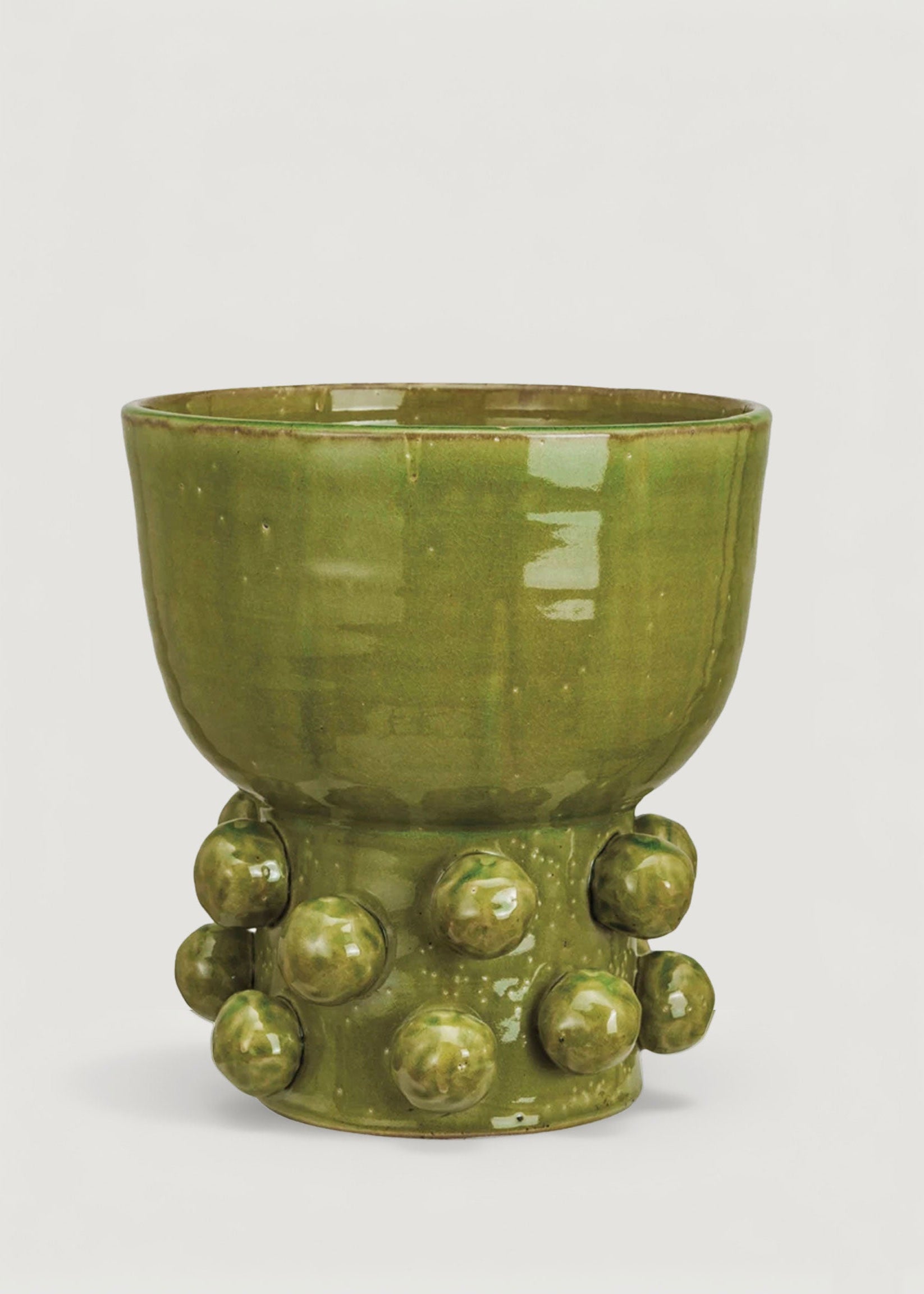 Handmade Terra Cotta Hobnail Footed Vase in Glazed Green