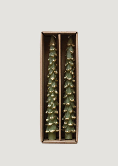 Christmas Tree Taper Candles in Green and Gold 