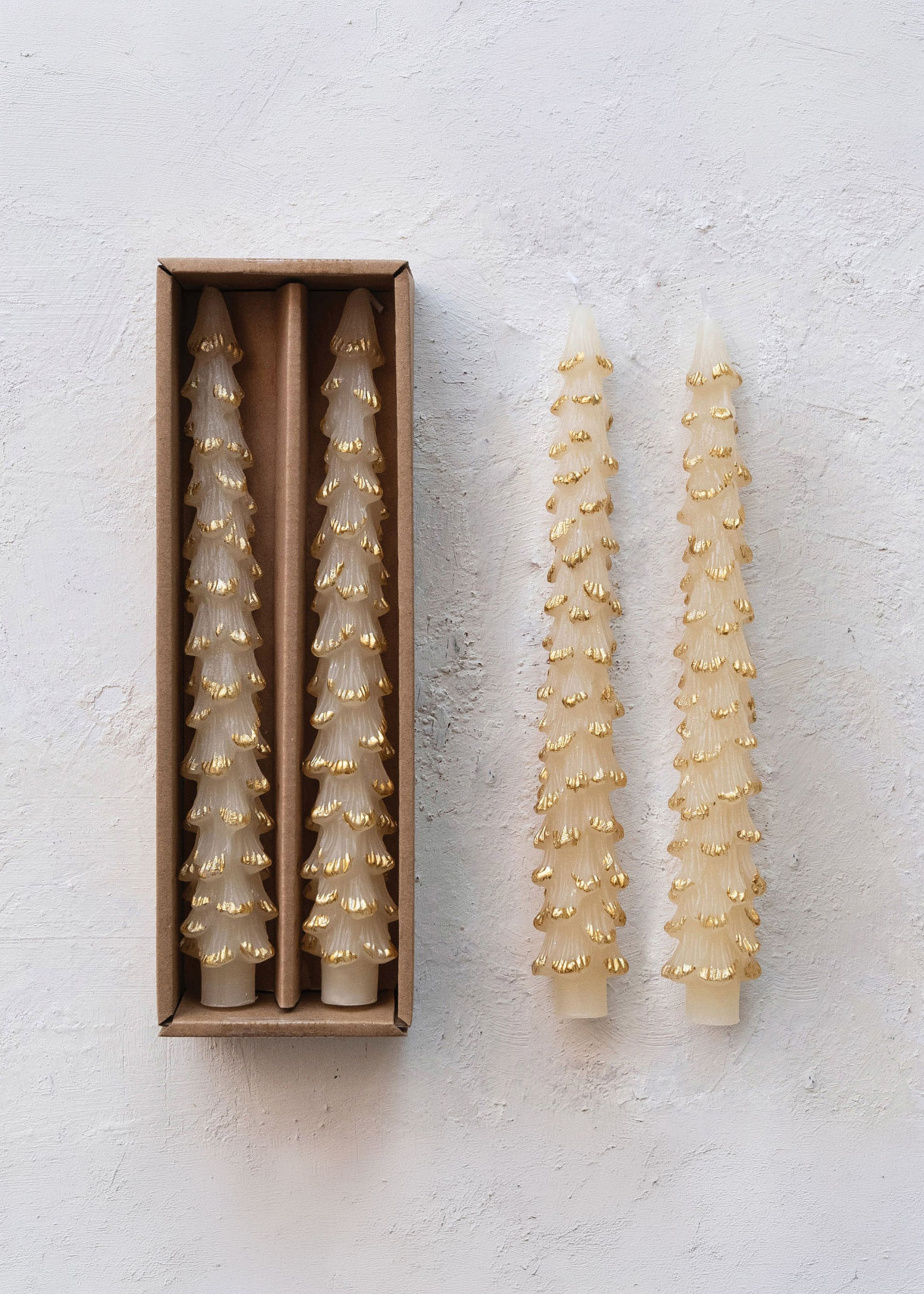Set of 2 Christmas Tree Taper Candles in Cream and Gold