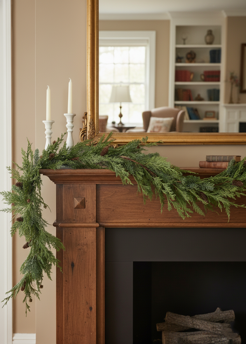 Decorative greenery on a wooden mantelpiece with a mirror above.