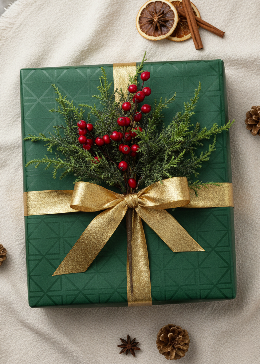 Green gift box with gold ribbon and festive decorations on a light background
