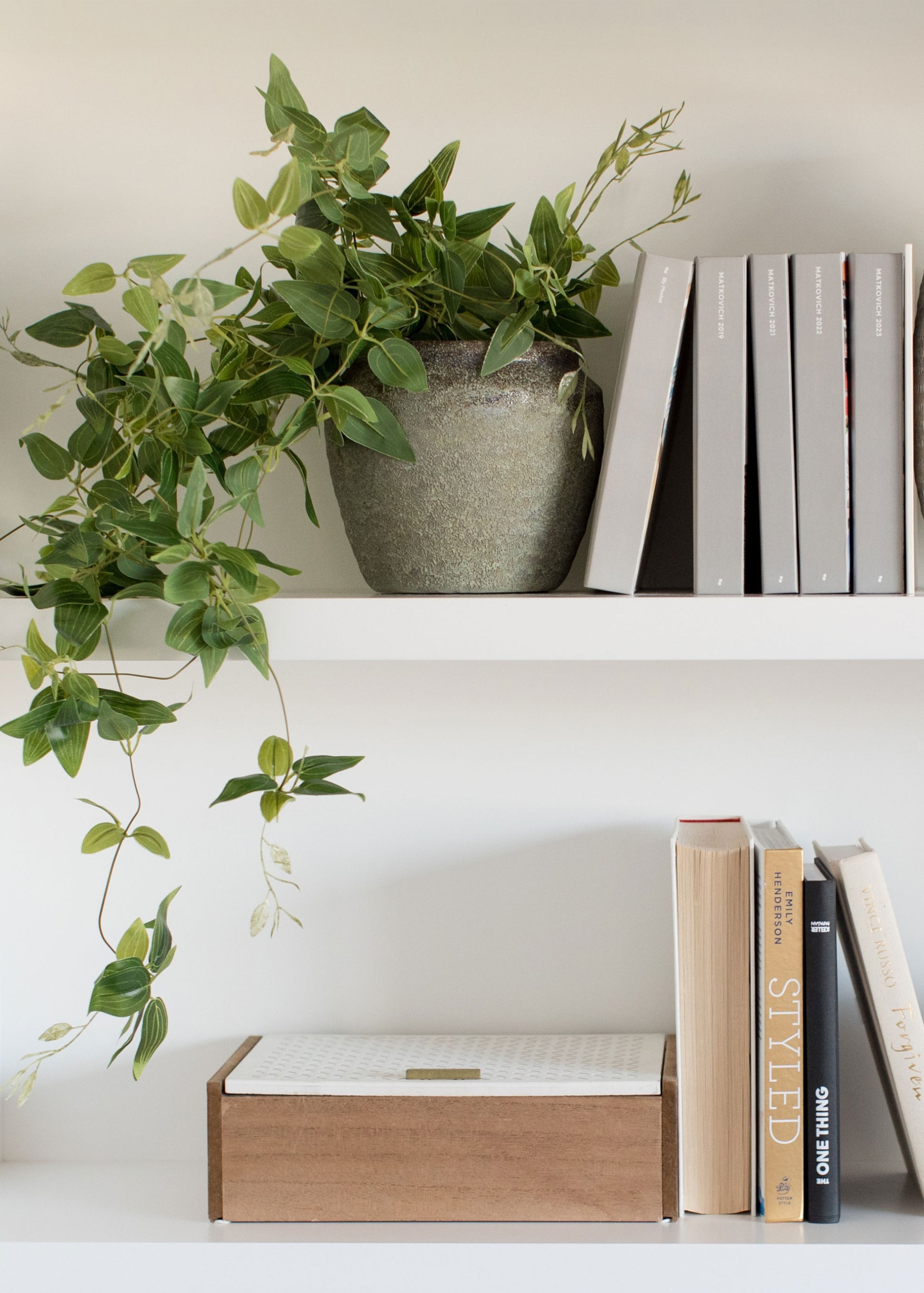 Faux Plant in Earthy Pot for Shelving Decor