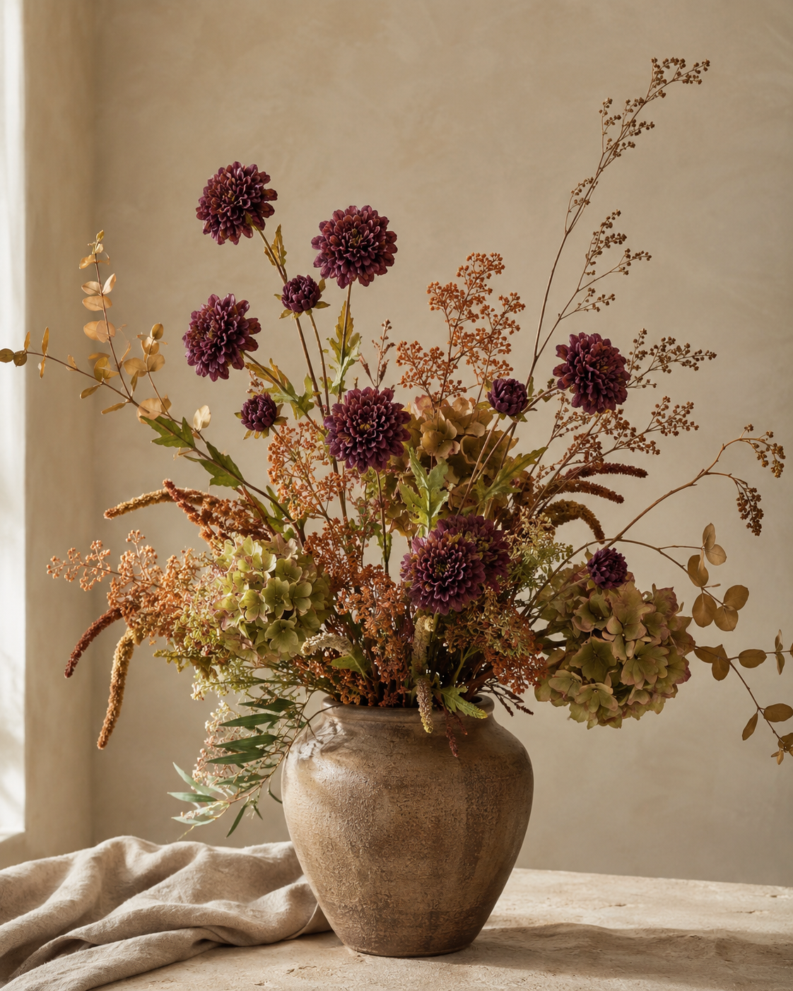 A rustic ceramic vase filled with a dried floral arrangement featuring deep purple flowers, tan grasses, and muted green foliage, set on a table against a warm beige wall.