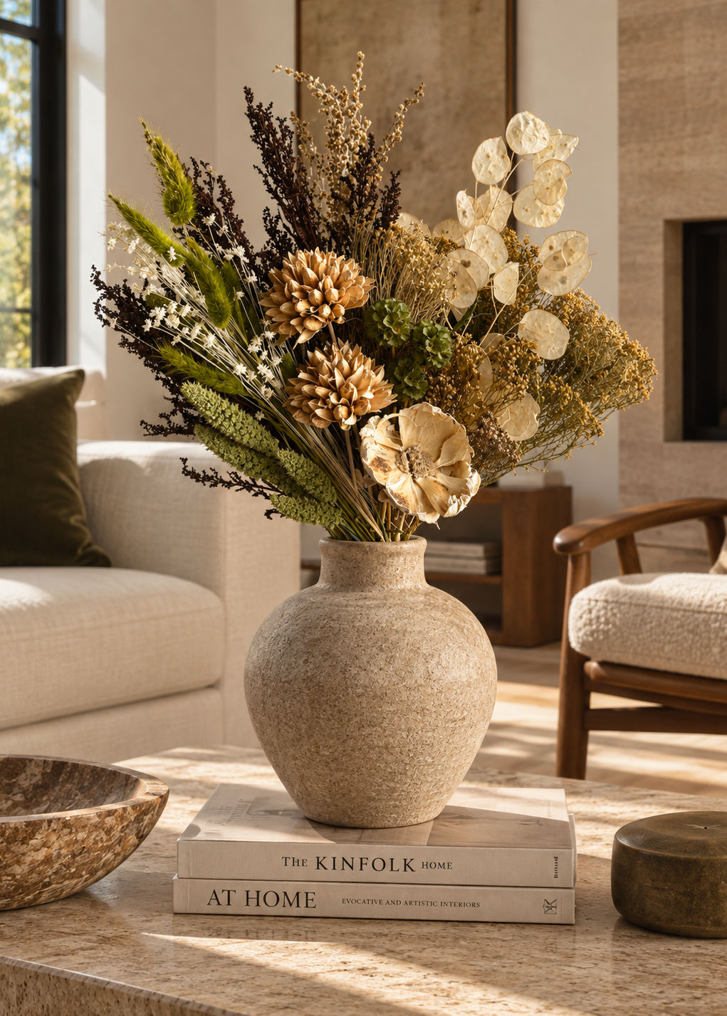 Fall dried bouquet in tan vase