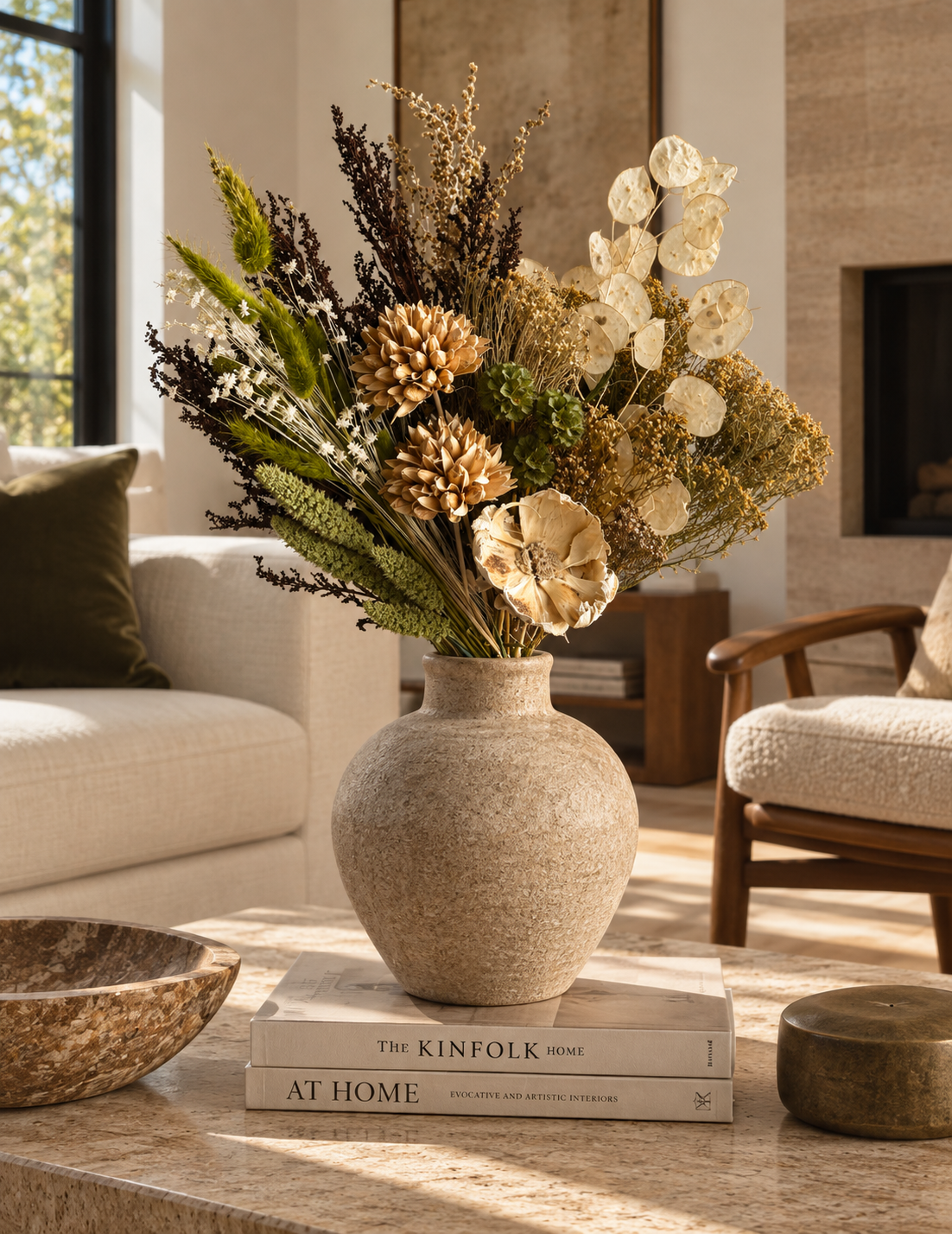 Fall dried bouquet in tan vase